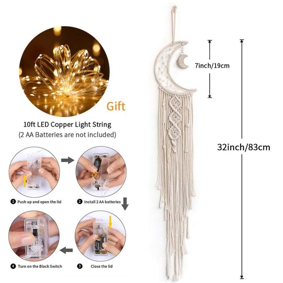 Macrame Wall Hanging Moon Fairy String Lights Deco - Picture 7 of 9